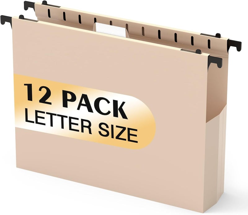 SHUTEX Extra Capacity Plastic Hanging File Folders,12 Pack Reinforced Hang Folder,Heavy Duty 2 Inch Expansion,Filing Cabinet Folders Letter Size for Bulk Files/Medical Charts(Light Beige) - Image 1